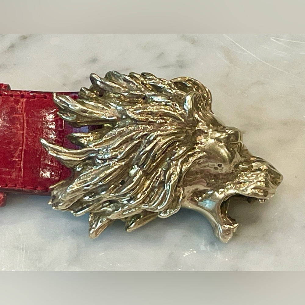 Ostrich Skin belt with Gold Lion Buckle, red, 31”L, EUC - Picture 6 of 12